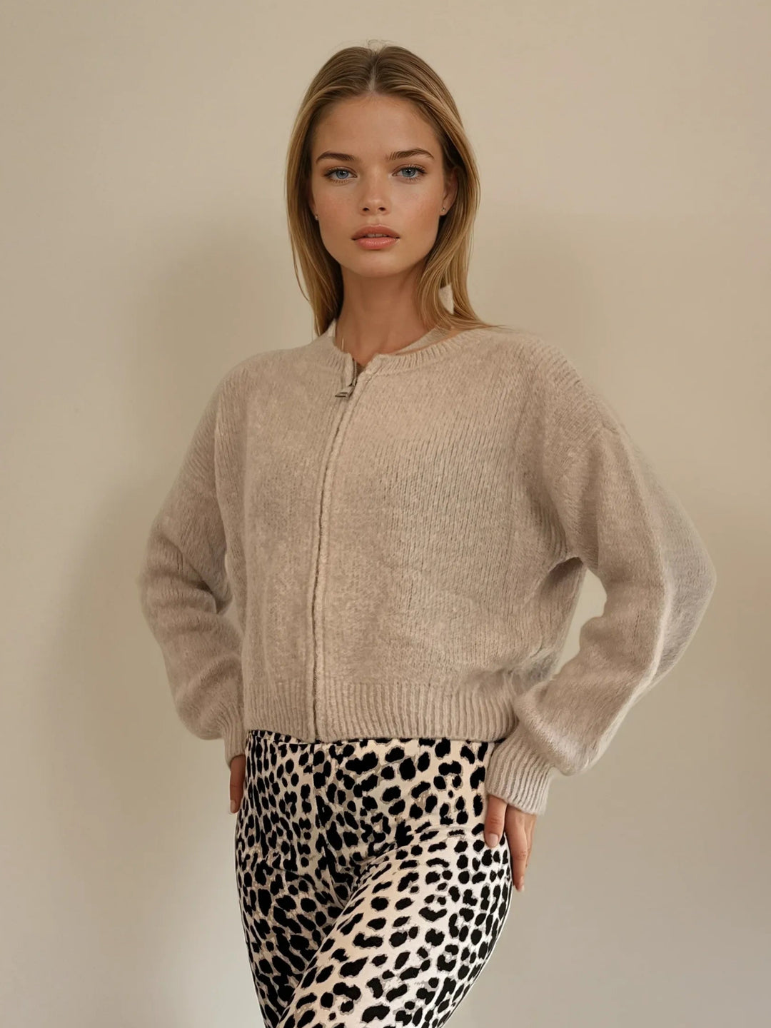 Strick-Cardigan mit Zipper (Beige)