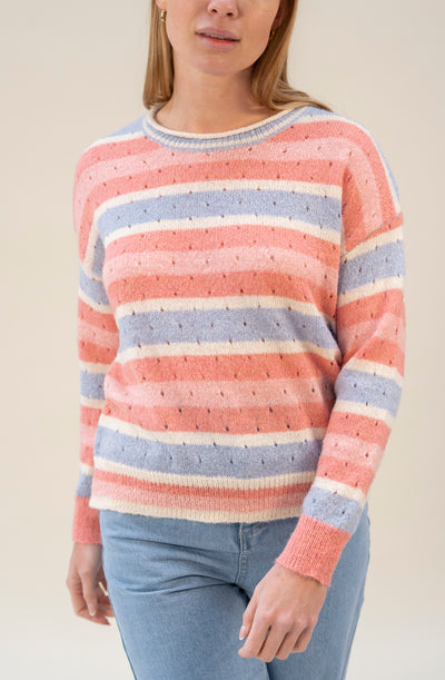 Leichter Pullover mit Lochstickerei und Streifen (Blau-Rosa)