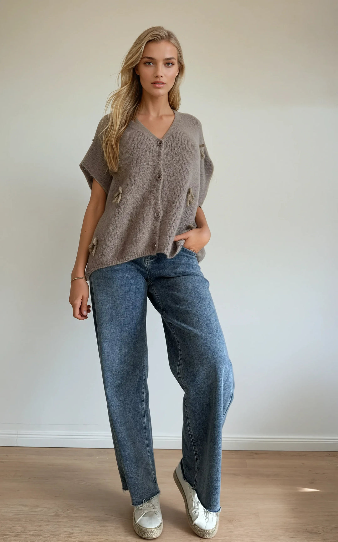 Kurzarm-Cardigan mit Schleifen (Braun)