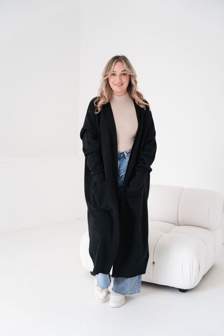 Maxi Cardigan mit Taschen (Schwarz)