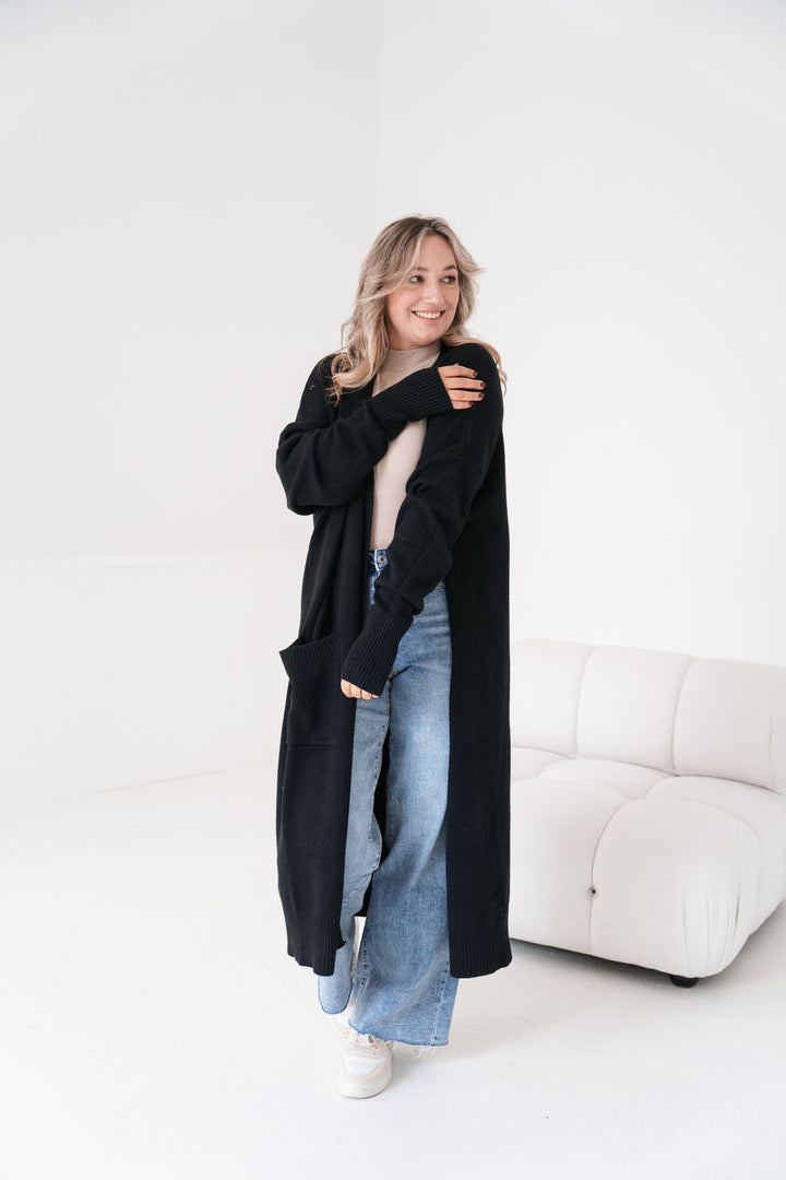 Maxi Cardigan mit Taschen (Schwarz)