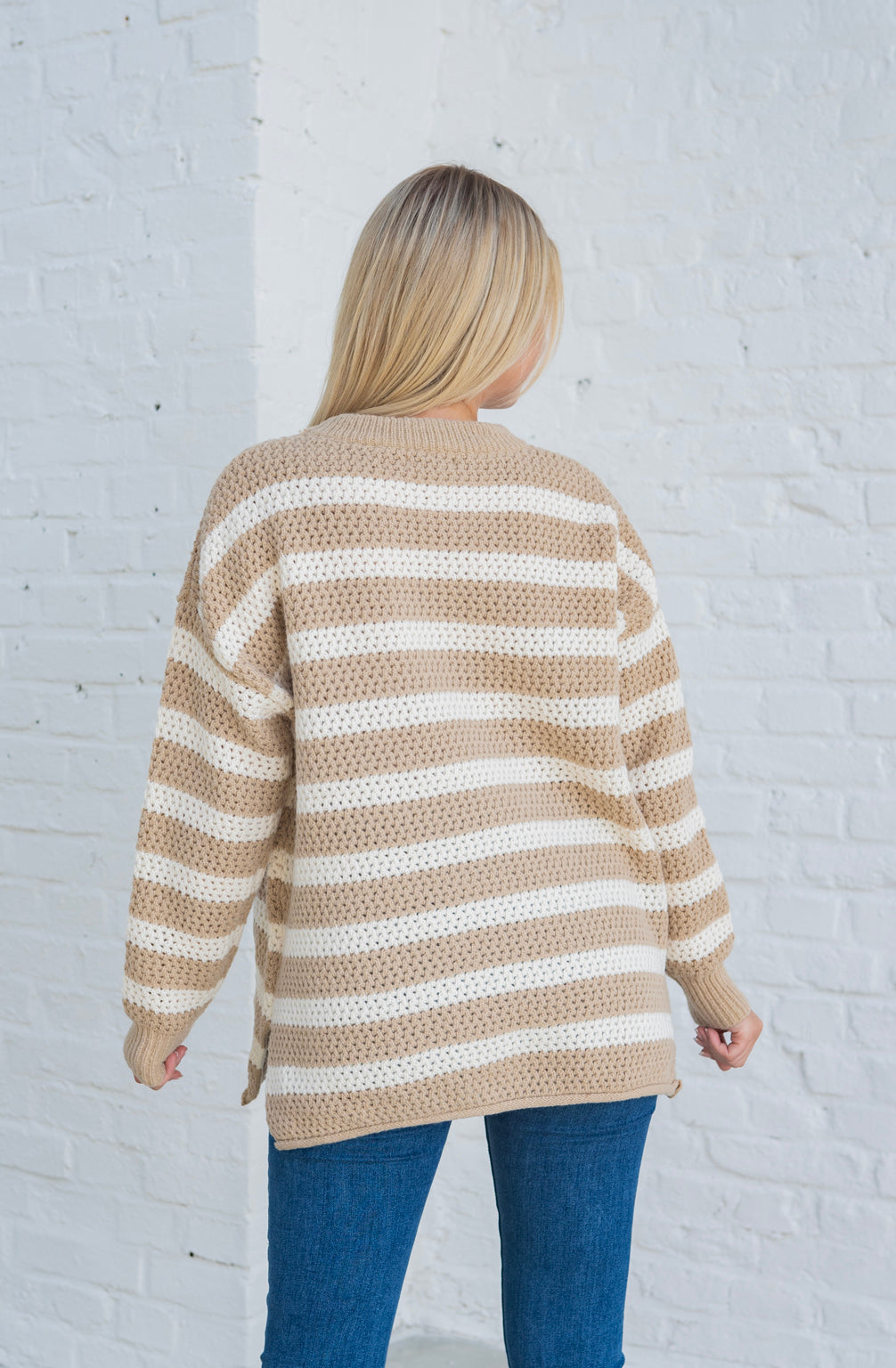 Grober Strickpullover (Beige-Weiss)