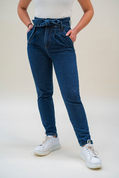 Paperbag Jeans mit Bindegürtel (Dunkelblau)
