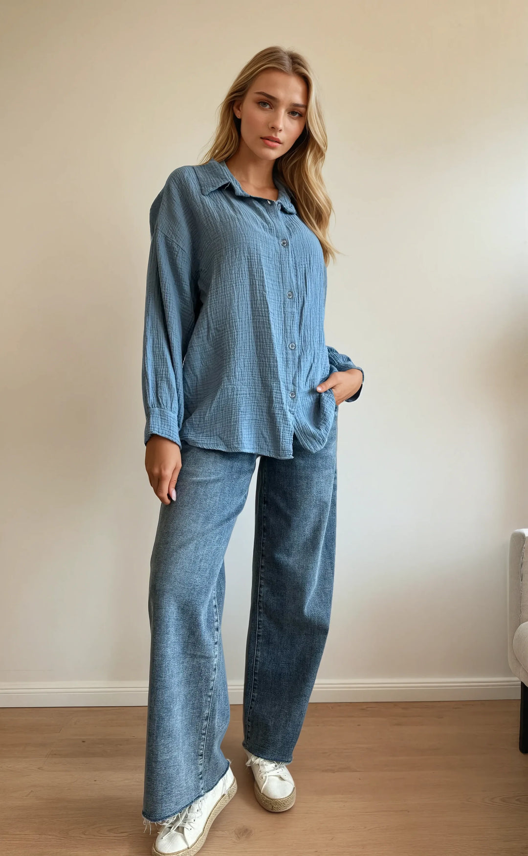 Musselinbluse (Jeansblau)
