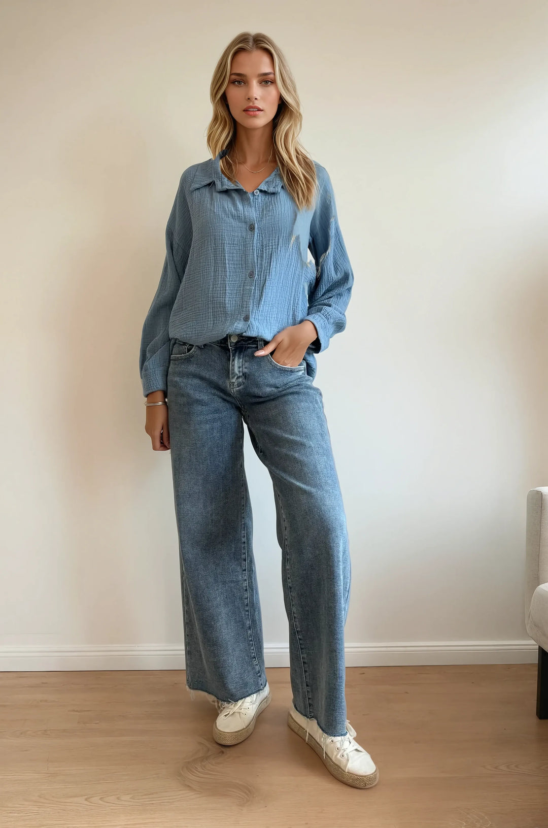 Musselinbluse (Jeansblau)
