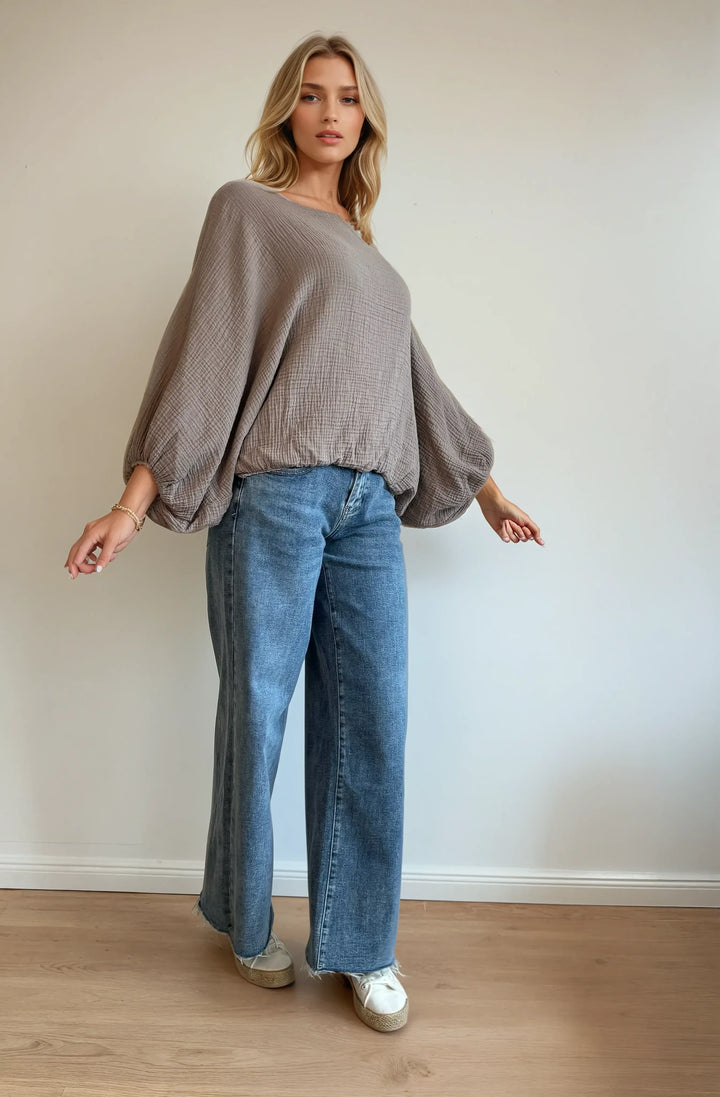 Musselinbluse mit Fledermausärmeln (Taupe)