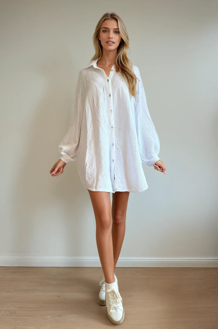 Lange Musselin Hemdbluse (Weiß)
