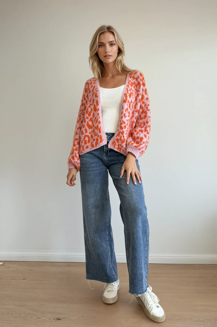 Cardigan mit Leo-Muster (Rosa Orange)