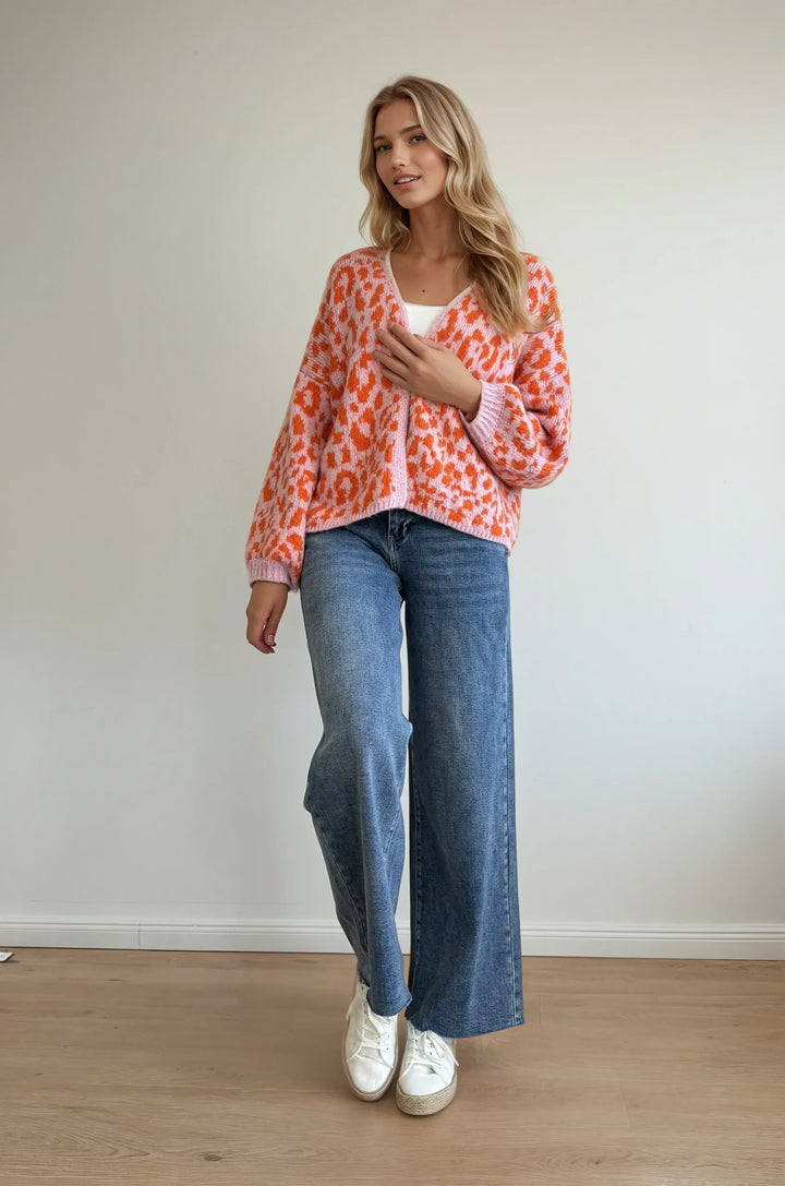 Cardigan mit Leo-Muster (Rosa Orange)