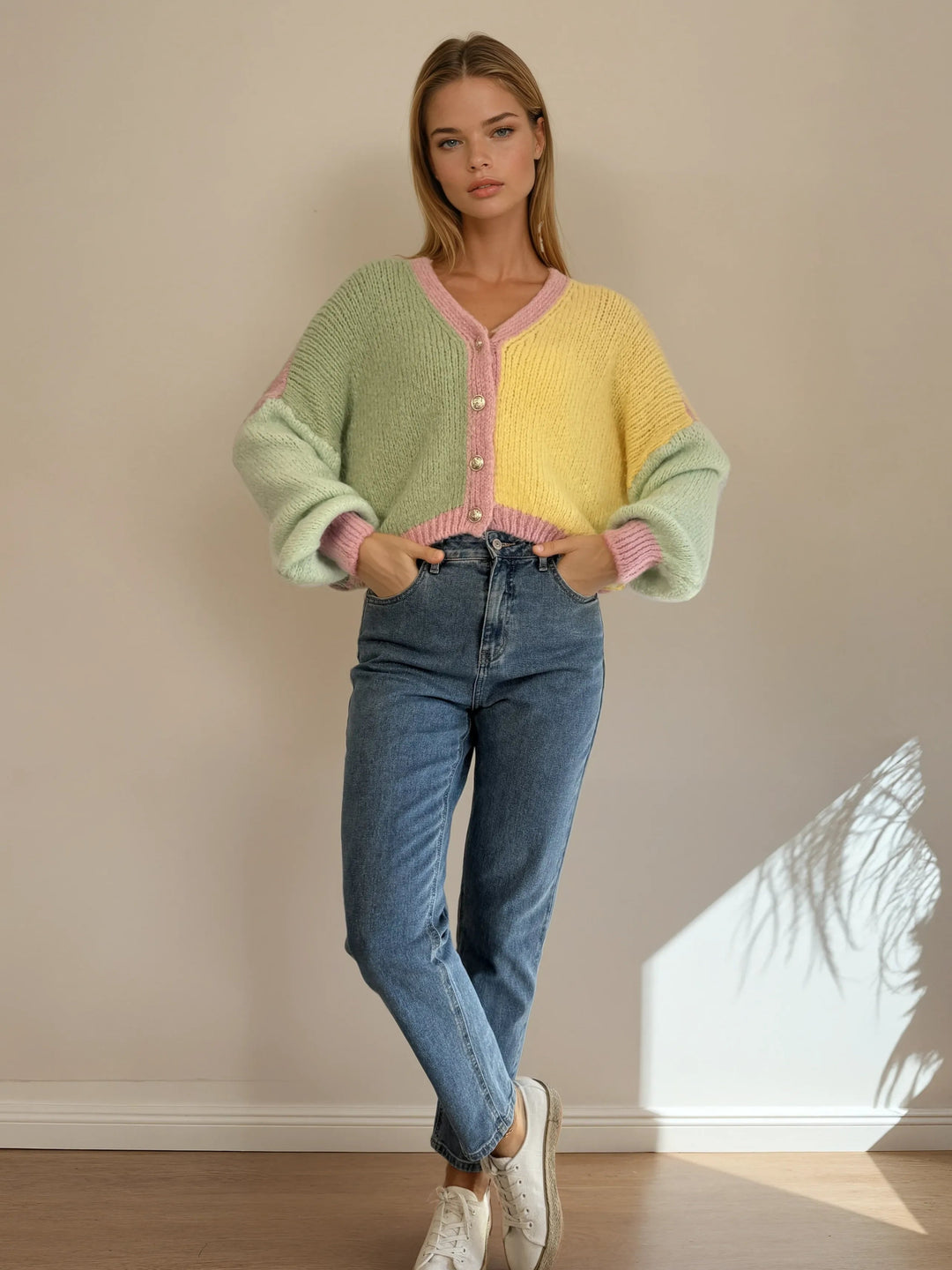 Strick-Cardigan in Pastellfarben (Gelb, Grün, Rosa)