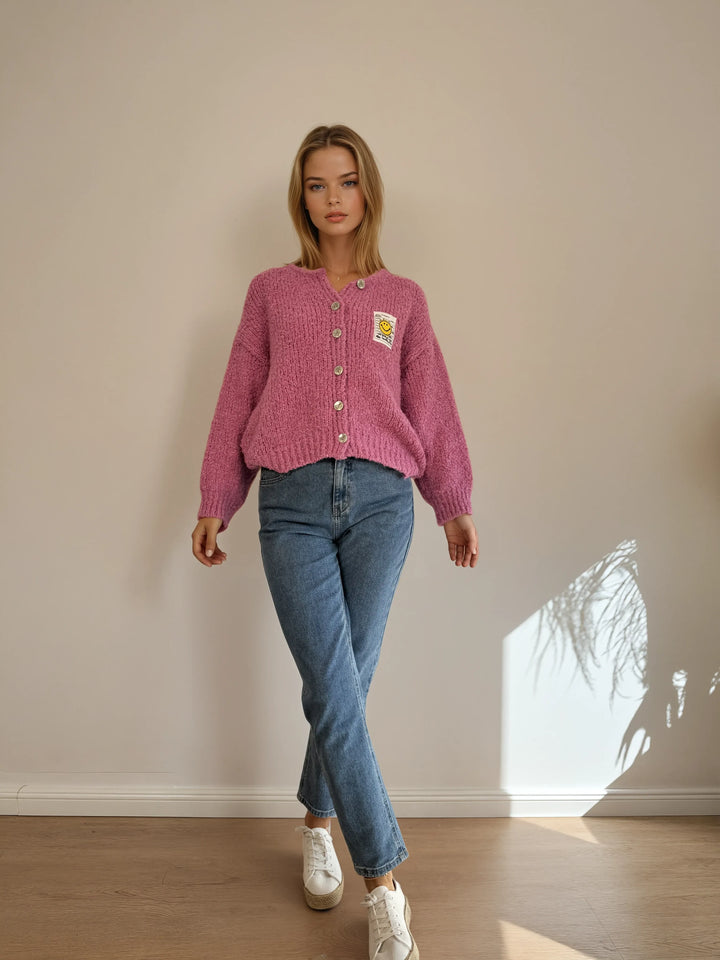 Cardigan mit Smiley-Patch (Rosa)