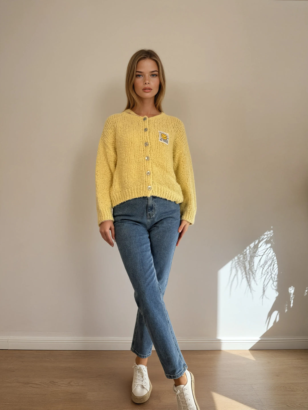 Cardigan mit Smiley-Patch (Gelb)