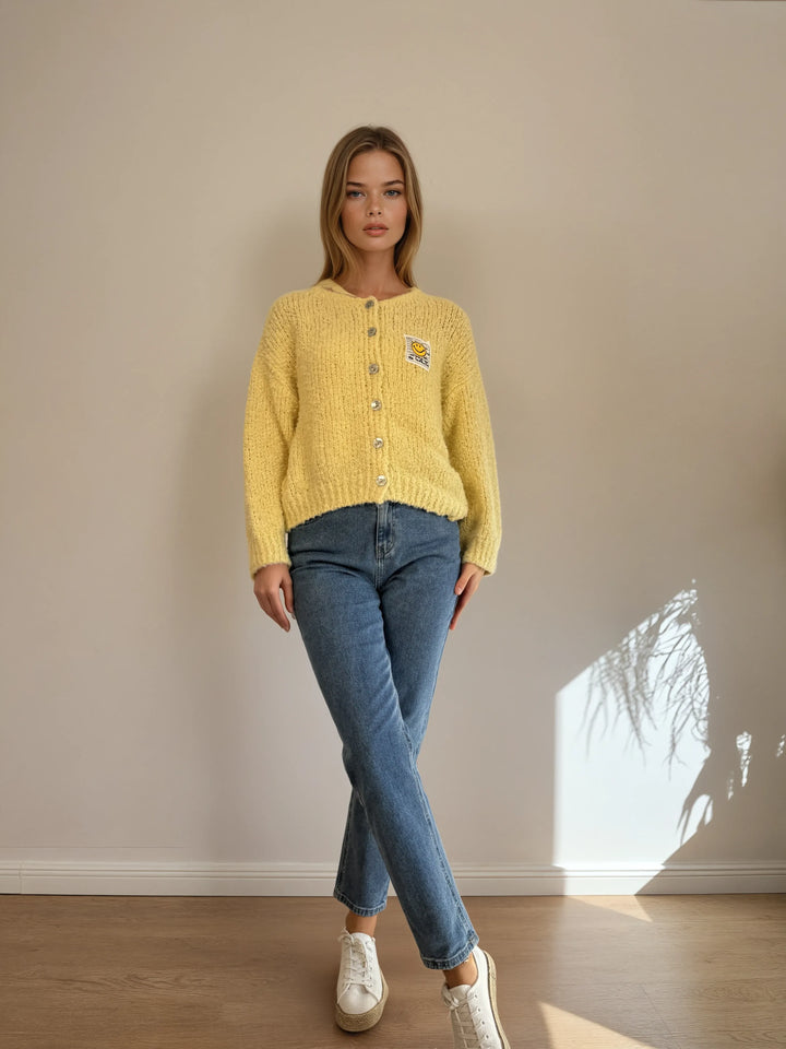 Cardigan mit Smiley-Patch (Gelb)