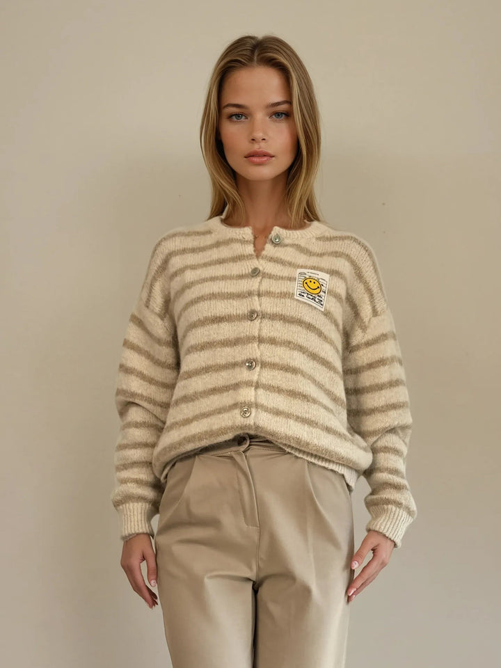 Cardigan mit Smiley-Patch (Beige Weiß Gestreift)