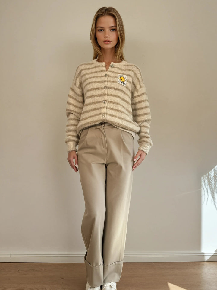 Cardigan mit Smiley-Patch (Beige Weiß Gestreift)