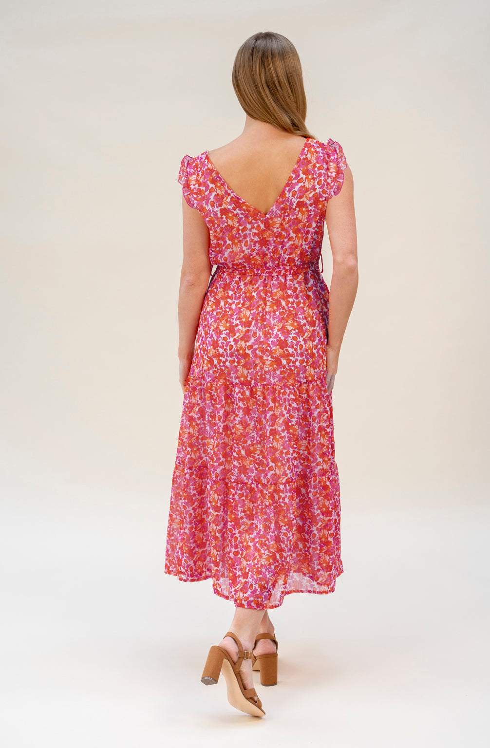 Maxikleid mit floralem Print und Gürtel (Pink-Orange)