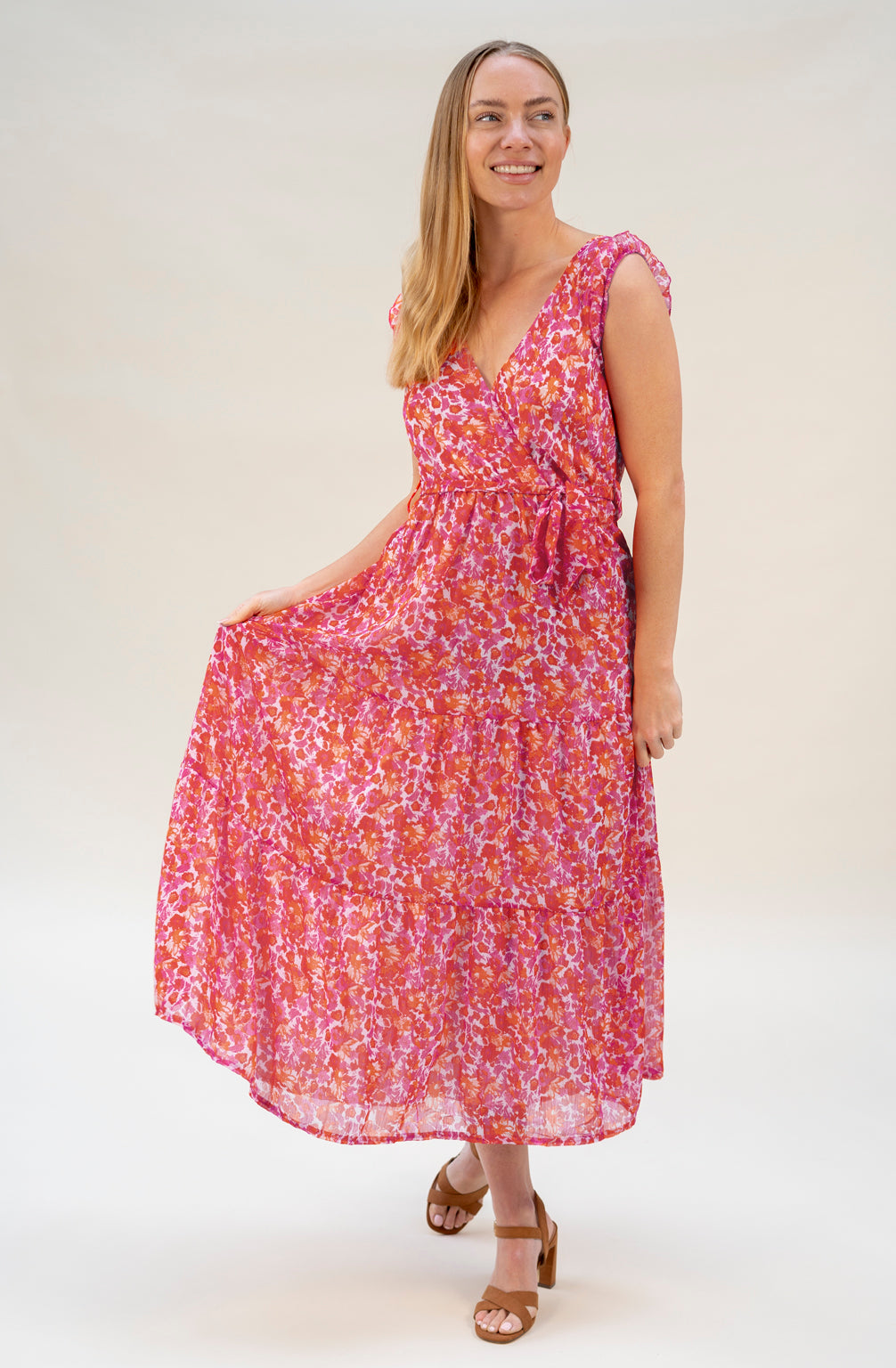 Maxikleid mit floralem Print und Gürtel (Pink-Orange)