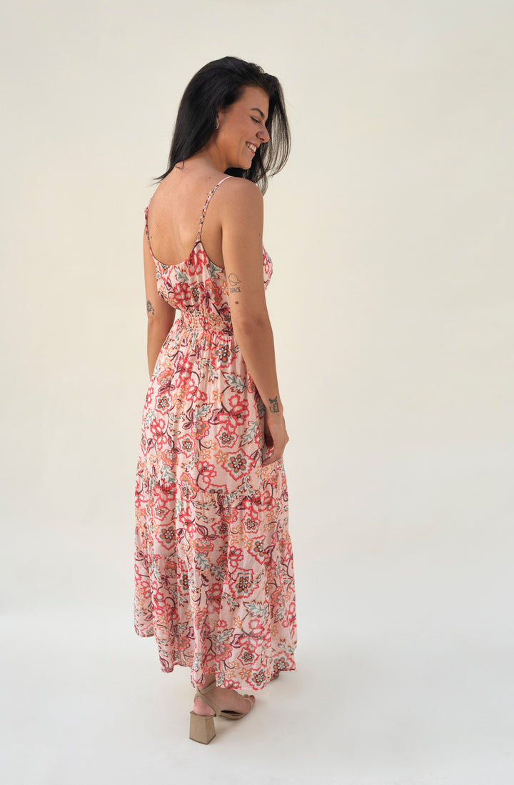 Maxikleid mit Spaghettiträgern und Blumenprint (Rosa)