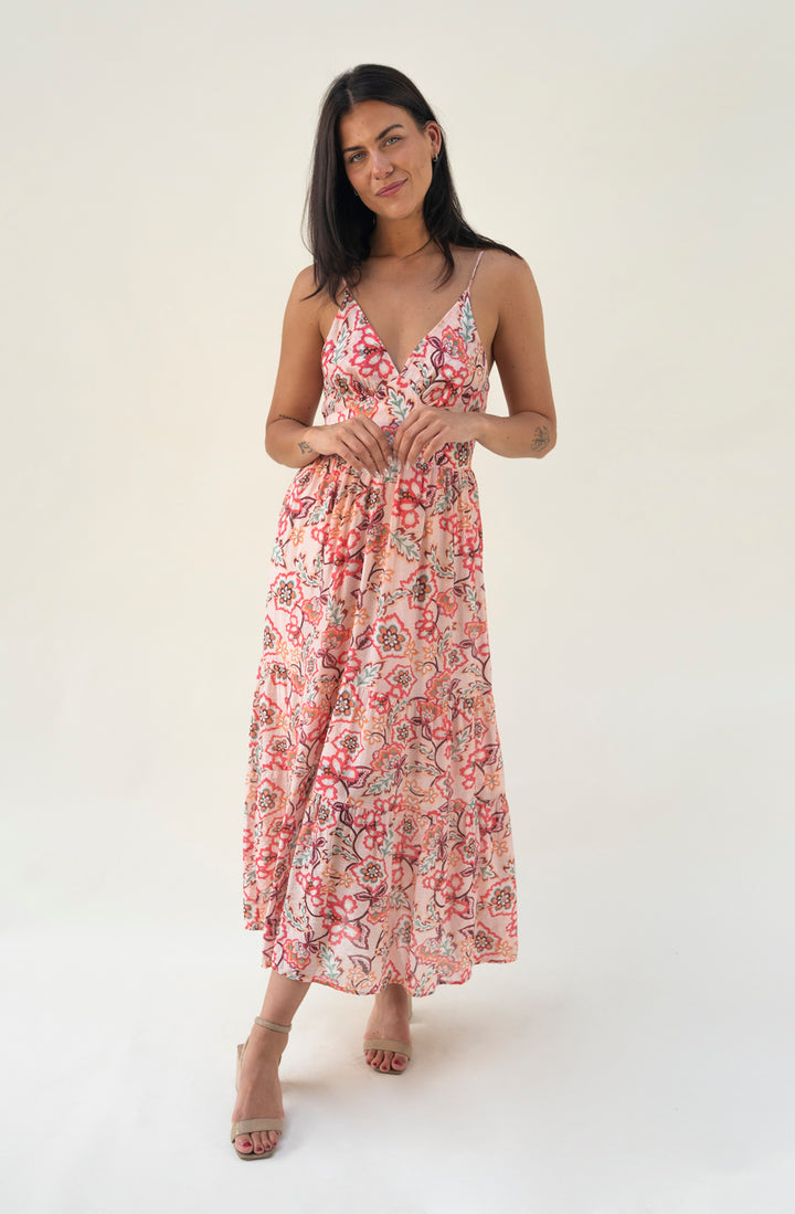 Maxikleid mit Spaghettiträgern und Blumenprint (Rosa)