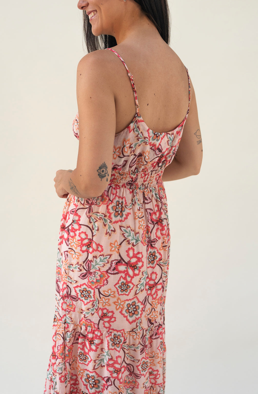 Maxikleid mit Spaghettiträgern und Blumenprint (Rosa)