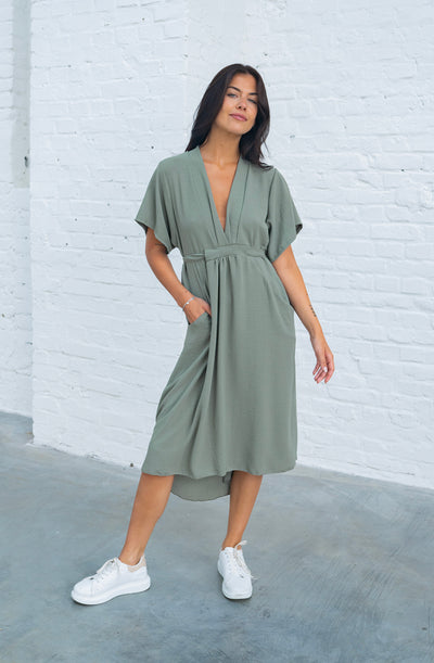Midikleid mit Gürtel (Khaki)
