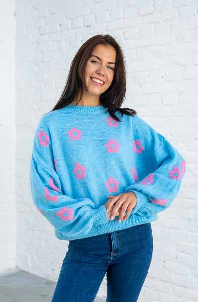 Strickpullover mit Blumen (Blau-Rosa)