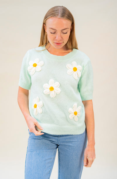 Pullover mit kurzen Ärmeln und 3D Blumenstrick (Mint-Weiss)
