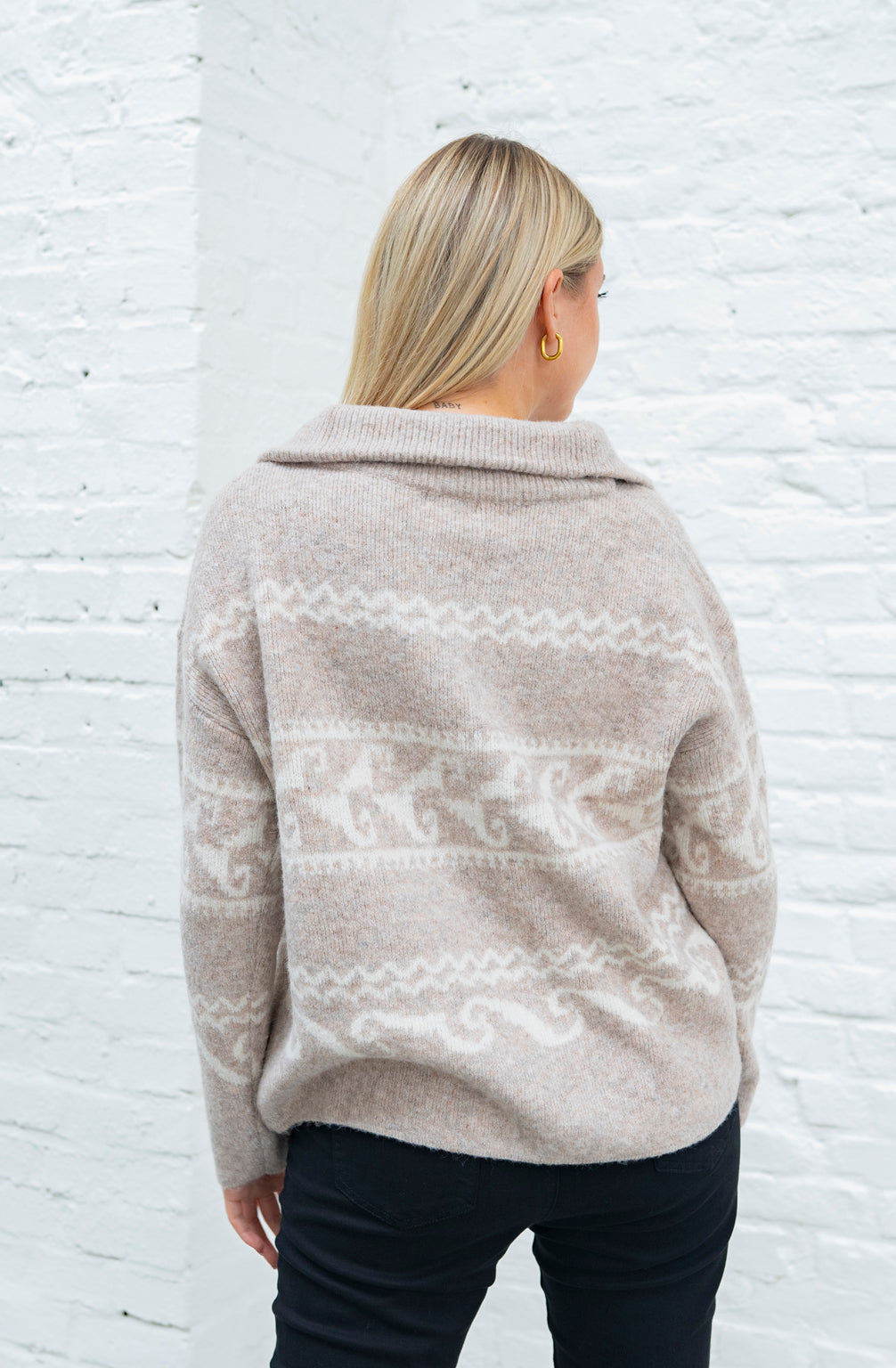 Zip Pullover mit Muster (Beige-Weiss)