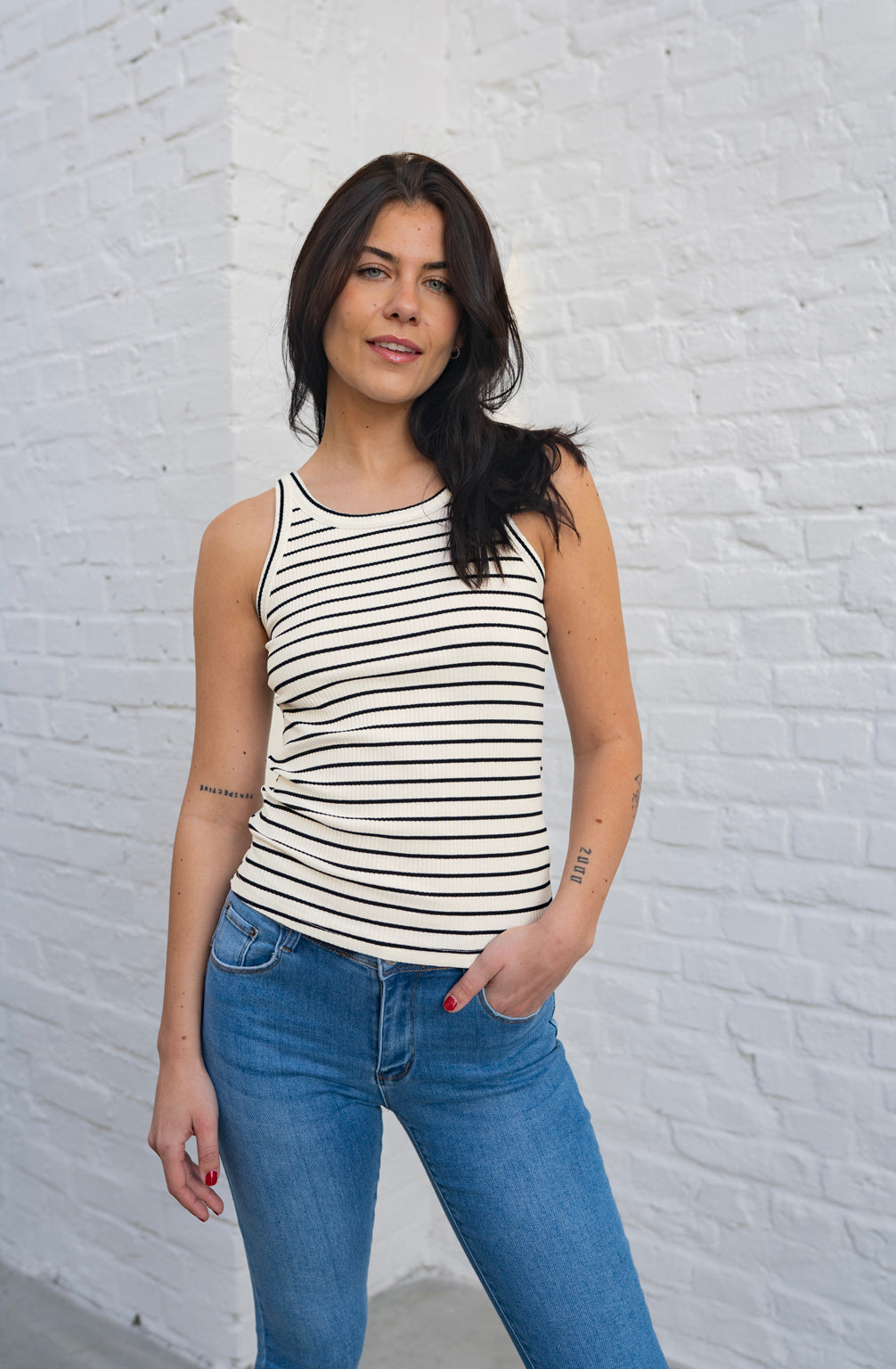 Top mit Rippenmuster (Creme-Schwarz)