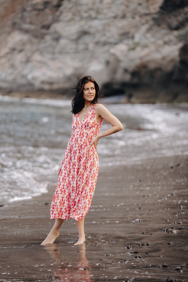 Maxikleid mit V-Ausschnitt und Paisleymuster (Rot-Orange)