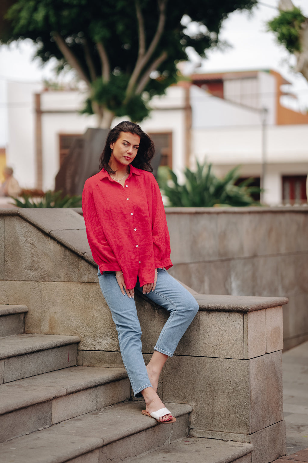 Kurze Musselin Hemdbluse (Rot)