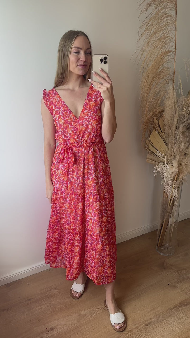 Maxikleid mit floralem Print und Gürtel (Pink-Orange)