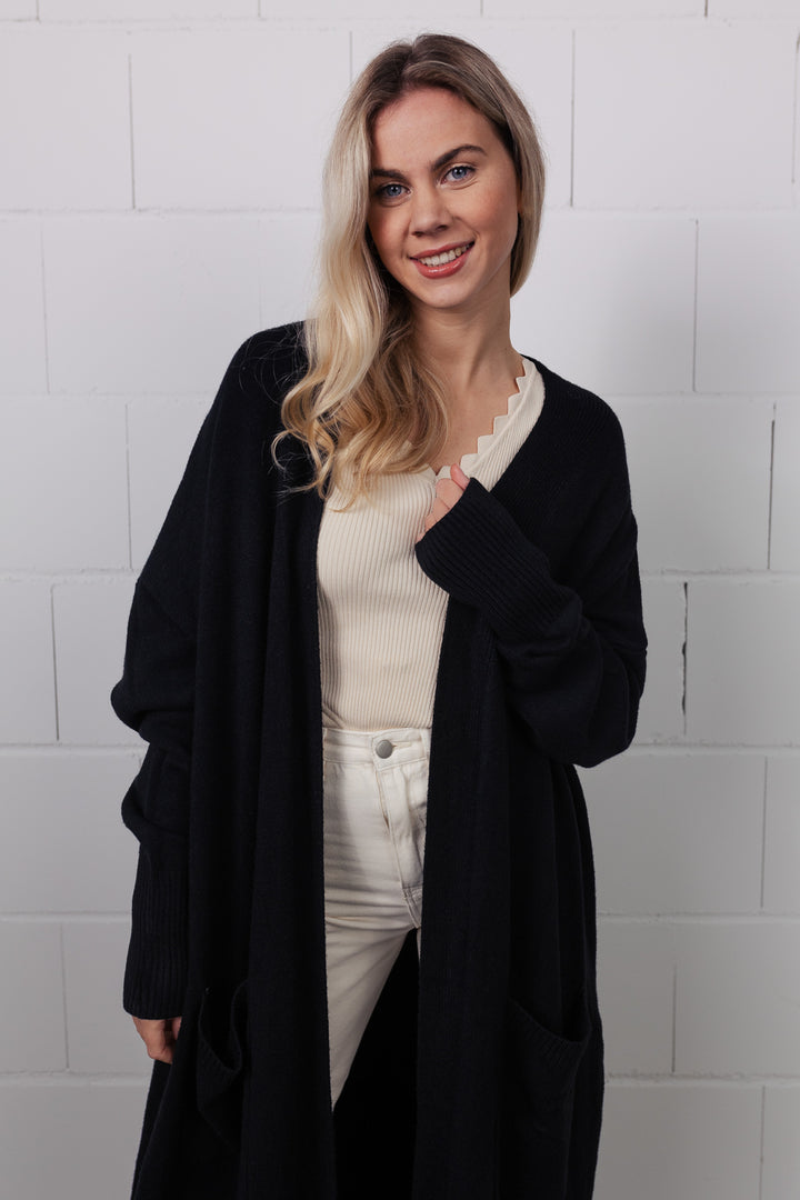 Maxi Cardigan mit Taschen (Schwarz)