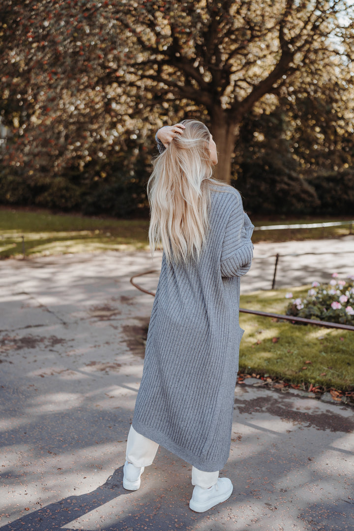Maxi Cardigan mit Rippenmuster (Grau)