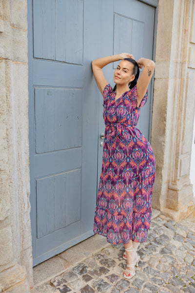 Maxikleid mit Muster und Gürtel (Blau-Rot-Lila)