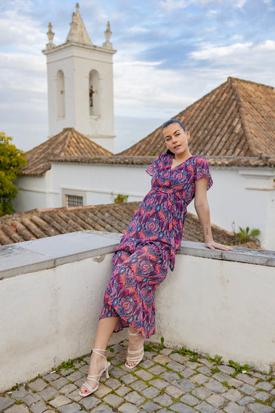 Maxikleid mit Muster und Gürtel (Blau-Rot-Lila)